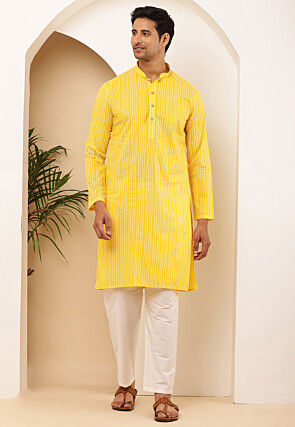 Stripe Printed Pure Cotton Kurta Set in Yellow