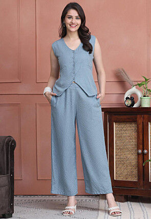 Stripe Printed Pure Cotton Lurex Co Ord Set in Sky Blue