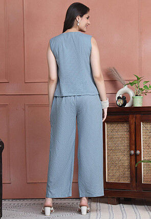 Stripe Printed Pure Cotton Lurex Co Ord Set in Sky Blue