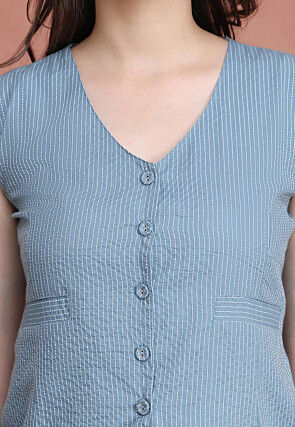 Stripe Printed Pure Cotton Lurex Co Ord Set in Sky Blue