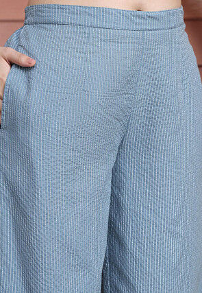 Stripe Printed Pure Cotton Lurex Co Ord Set in Sky Blue