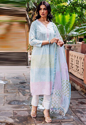 Stripe Printed Pure Cotton Pakistani Suit in Off White