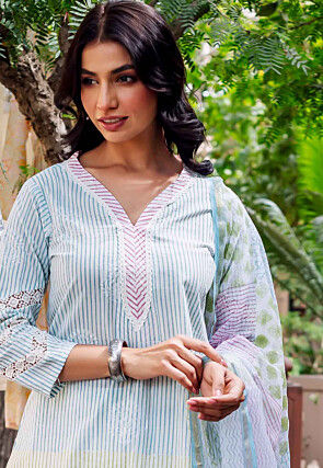 Stripe Printed Pure Cotton Pakistani Suit in Off White