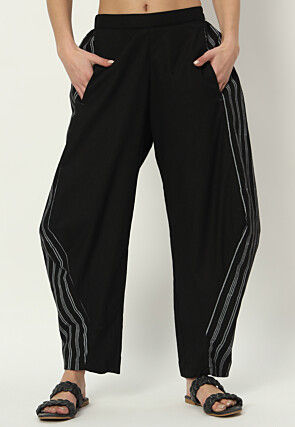 Stripe Printed Pure Cotton Pant in Black