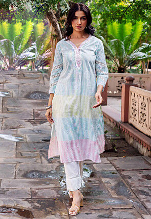 Stripe Printed Pure Cotton Straight Kurta Set in Off White
