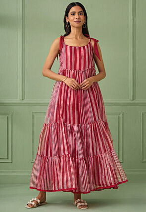 Stripe Printed Pure Cotton Tiered Dress in Red