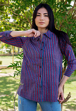 Stripe Printed Pure Cotton Top in Navy Blue