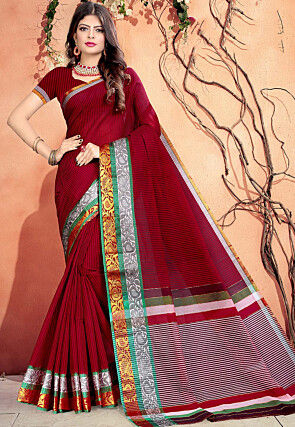 Stripe Printed Pure South Cotton Saree in Maroon