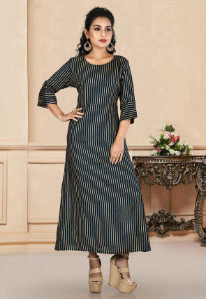 Stripe Printed Rayon Long Kurta in Navy Blue