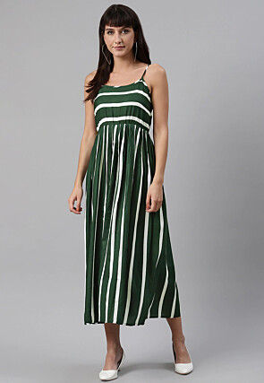 Stripe Printed Rayon Midi Dress in Green