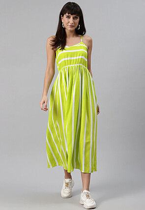 Stripe Printed Rayon Midi Dress in Light Green