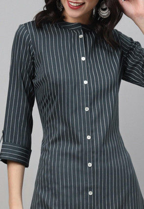 Stripe Printed Rayon Pakistani Suit in Grey