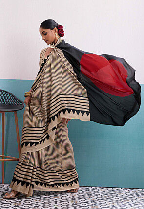 Stripe Printed Satin Saree in Light Beige