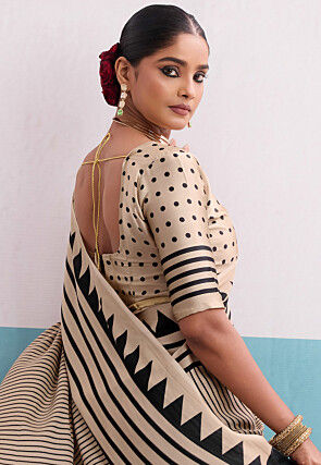 Stripe Printed Satin Saree in Light Beige