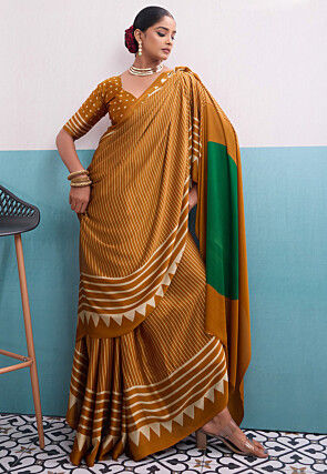 Stripe Printed Satin Saree in Mustard