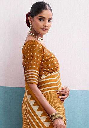 Stripe Printed Satin Saree in Mustard