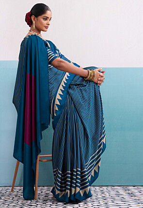 Stripe Printed Satin Saree in Teal Blue