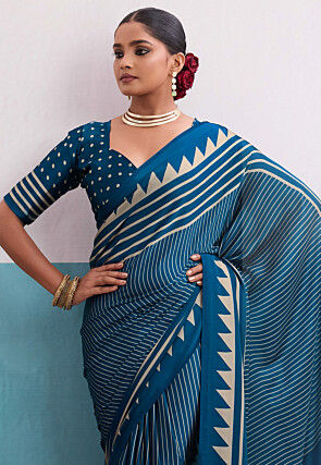 Stripe Printed Satin Saree in Teal Blue