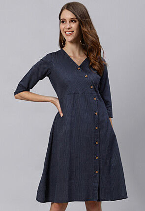 Stripe Printed Viscose Rayon Fit N Flare Dress in Navy Blue