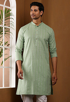 Stripe Printed Viscose Rayon Kurta in Light Green