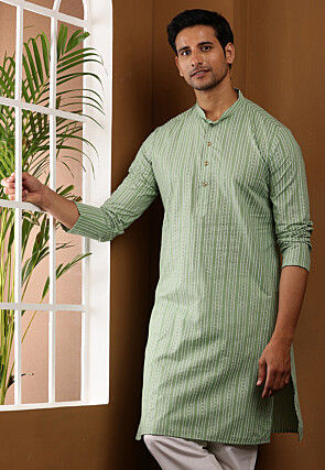 Stripe Printed Viscose Rayon Kurta in Light Green
