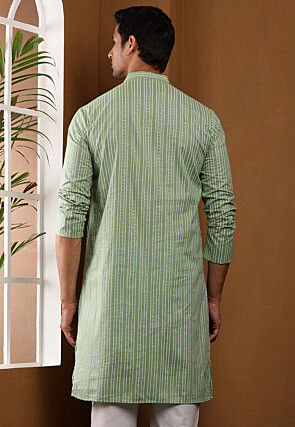 Stripe Printed Viscose Rayon Kurta in Light Green