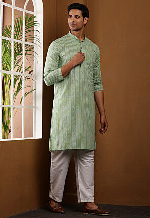 Stripe Printed Viscose Rayon Kurta in Light Green