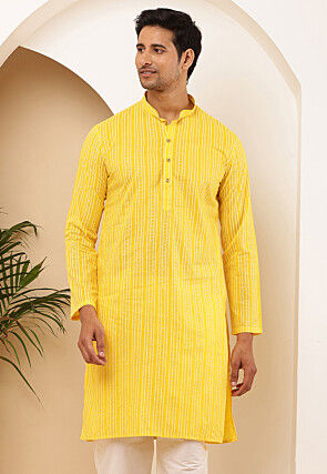 Stripe Printed Viscose Rayon Kurta in Yellow