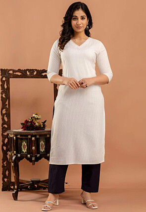 Stripe Printed Viscose Rayon Straight Kurta in Off White