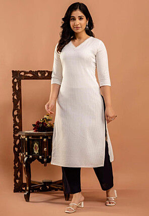 Stripe Printed Viscose Rayon Straight Kurta in Off White