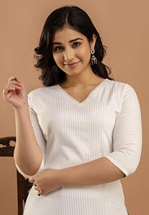 Stripe Printed Viscose Rayon Straight Kurta in Off White