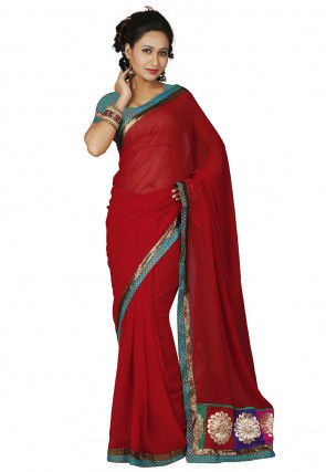 Patch Border Chiffon Saree in Red
