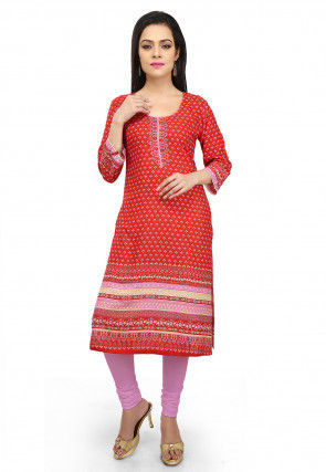 Printed Rayon Kurta in Red