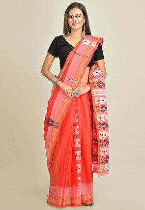Tant Cotton Saree in Coral Red