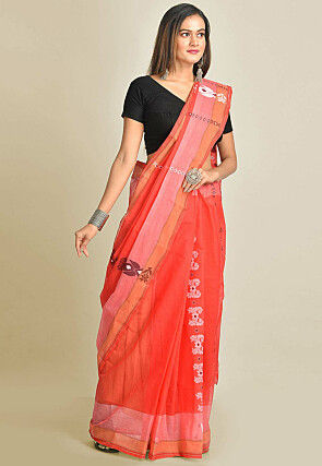 Tant Cotton Saree in Coral Red