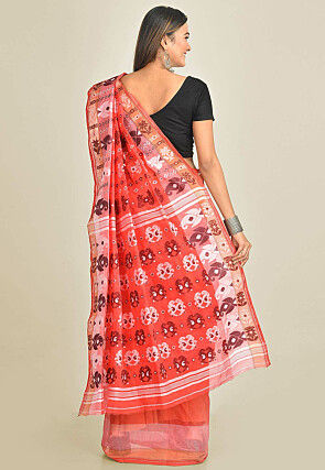 Tant Cotton Saree in Coral Red