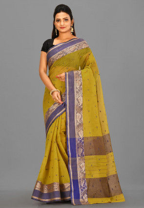 Tant Cotton Saree in Light Olive Green