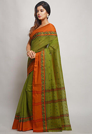 Tant Cotton Saree in Olive Green
