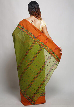 Tant Cotton Saree in Olive Green