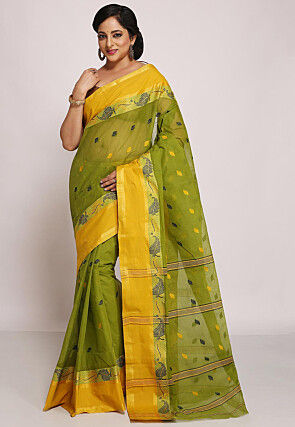 Tant Cotton Saree in Olive Green