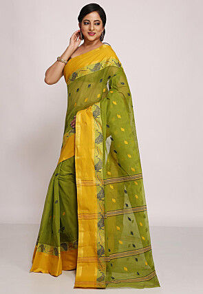 Tant Cotton Saree in Olive Green