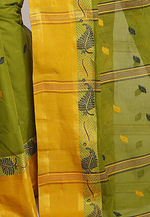 Tant Cotton Saree in Olive Green