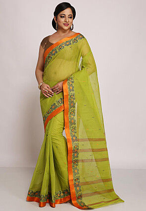 Tant Cotton Saree in Olive Green