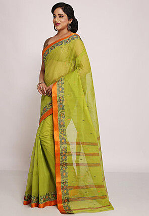 Tant Cotton Saree in Olive Green