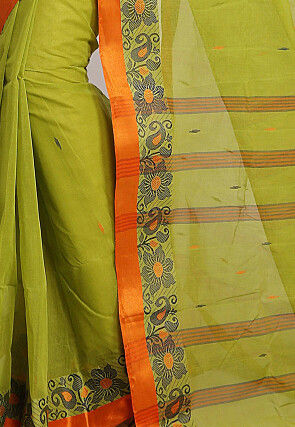 Tant Cotton Saree in Olive Green