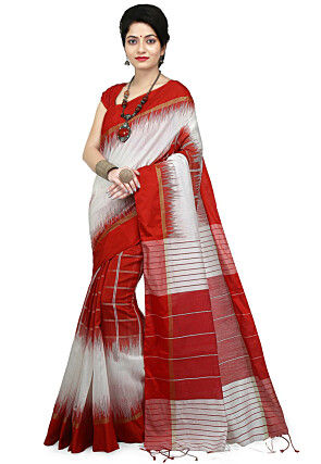Tant Cotton Silk Saree in White and Red