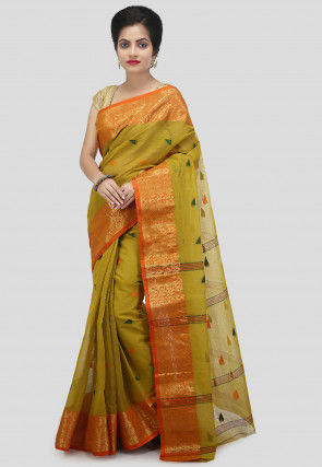 Tant Cotton Tant Handloom Saree in Olive Green