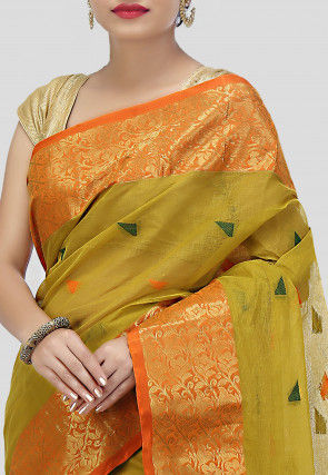 Tant Cotton Tant Handloom Saree in Olive Green