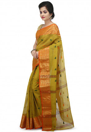 Tant Cotton Tant Handloom Saree in Olive Green