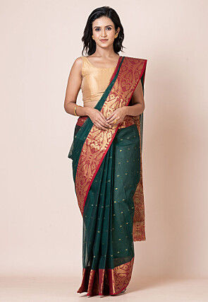 Tant Pure Cotton Saree in Dark Green